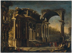 Capriccio z rzymskimi ruinami i Chrystusem z kobietą przyłapaną na cudzołóstwie autorstwa Francesco Maglioli