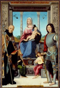 Dziewica z Dzieciątkiem w otoczeniu św. Benedykta z Nursji i św. Quentina z dwoma aniołami Obraz Francesco Marmitty (znany między 1496 a 1504) XV-wieczne słońce. 2,2x1,38 m² autorstwa Francesco Marmitta