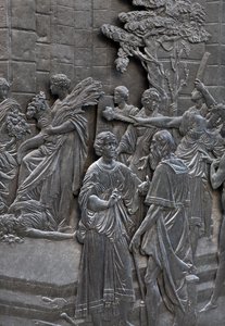 Podstawa przedstawiająca Alessandro Farnese przyjmująca ambasadorów angielskiej królowej Elżbiety, szczegół posągu Alessandro Farnese autorstwa Francesco Mochi