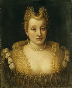 Portret damy z rodziny Contarini, długość biustu, ubrana w wyszukaną sukienkę z klejnotami oraz naszyjnik z pereł i kolczyki,