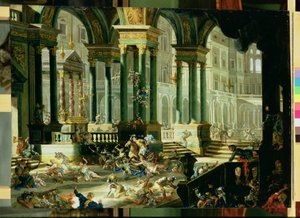 Wypędzenie Heliodora ze Świątyni Salomona (olej na miedzi) autorstwa Francesco Peresi