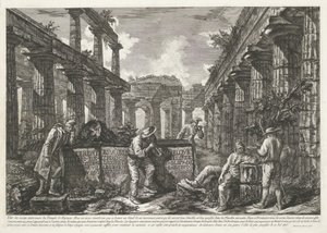 Rycina tytułowa z pozostałościami świątyni Neptuna w Paestum z tytułem na blokach Różne widoki pozostałości trzech dużych budynków wciąż stojących w Paestum (tytuł serii) Różne vues de quelques restes de trois grands édifices qui autorstwa Francesco Piranesi