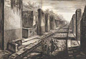 Widok z ulicy wchodzącej pod bramą do miasta Pompeje, z chodnikiem dla pieszych, 1804. autorstwa Francesco Piranesi