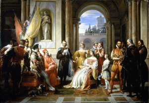 Torquato Tasso (Le Muche) czytający swoją Jerozolimę delivree (Wyzwoloną Jerozolimę) na dworze Ferrary. Malarstwo Francesco Podesti (1800-1895)