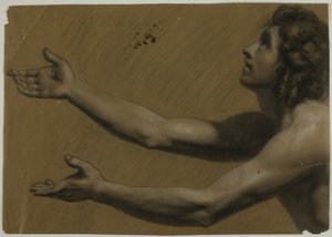 Młody mężczyzna patrzący w górę z wyciągniętymi ramionami (recto); kobieta trzymająca lustro (verso)