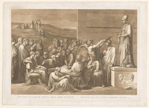 Allegorische verheerlijking van de boekdrukker Giovanni Battista Bodoni Ten palladowy geniusz, cudowna sztuka typowania / słynny Bodoni, daje zaszczyt posiadania (tytuł na przedmiocie)