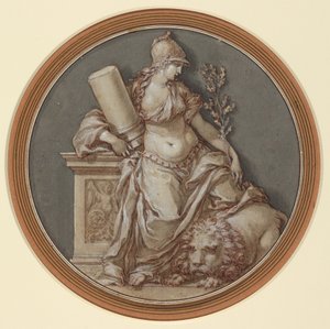 Alegoria męstwa (pióro i brązowy tusz z szarym i brązowym praniem, wykończone białym gwaszem, na czarnej kredzie)