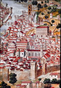 Pianta della Catena Fragment mapy miasta Florencji zwanego „Catena” ze względu na ramę mapy w kształcie łańcucha. Zrealizowany przez Francesco di Lorenzo Rosselli (1448-1513) w 1490. Florencja, Museo Firenze com 