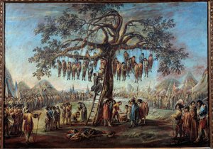 The hanged tree Makabryczny spektakl przedstawiający skazanych zamierzających torturować przez powieszenie na gałęziach drzewa. Ilustracja inspirowana rycinem z serii „Les miseres de la guerre” Jacquesa Callota (1592-1635). Obraz Francesco Simoniniego (