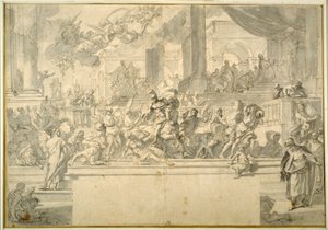 Heliodorus wypędzony ze świątyni (pióro i atrament z mydłem na kredzie na papierze) autorstwa Francesco Solimena