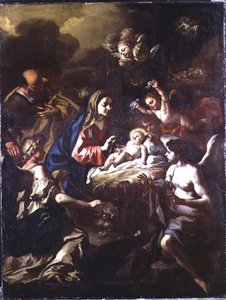 Szopka z adorującymi aniołami i Zwiastowanie pasterzom autorstwa Francesco Solimena