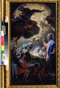 Śmierć Józefa (śmierć Józefa). Reprezentacja Trójcy Świętej: Jezus Chrystus, Bóg i gołębica Ducha Świętego (Ducha Świętego). Obraz Francesco Trevisaniego (1656-1746). Olej na płótnie, 69,5 x 39,5 cm