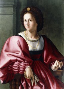 Portret damy siedzącej długości 3/4, trzymającej rękawiczkę,