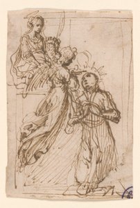 Bł. Stanisław Kostka przyjmuje komunię od aniołów w asyście św. Barbary