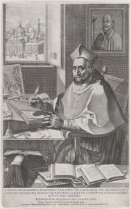 Kardynał Roberto Bellarmino przy swoim biurku, pisanie, 1604. autorstwa Francesco Villamena