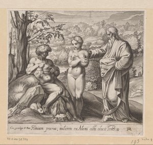 Bóg stwarza mężczyznę i kobietę Obrazy w loggii Rafaela (tytuł serii) La Sacra Genesi (tytuł serii) autorstwa Francesco Villamena