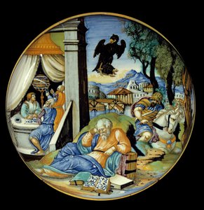 Niska nogawka: Alegoria przeznaczenia. Fajans. Wykonane przez Francesco Avelli Xanto (aktywne około 1530/1540)