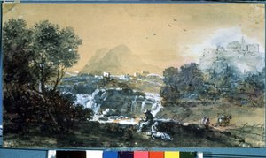 Krajobraz z wodospadem. Rysunek Francesco Zuccarelli (1702-1788). Akwarela i tusz na papierze autorstwa Francesco Zuccarelli