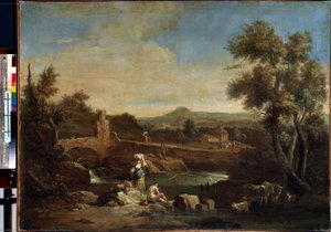 Krajobraz z rzeką. Obraz Francesco Zuccarelli (1702-1788). Olej na płótnie, 81,5 x 119 cm. XVIII-wieczna sztuka wenecka. Muzeum Ermitażu w Sankt Petersburgu. autorstwa Francesco Zuccarelli