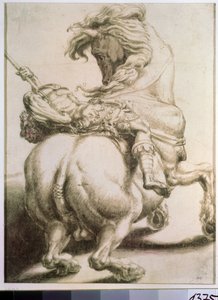 Jeździec przebity włócznią. Rysunek Francesco de Rossi (1510-1563). Grisaille na papierze, 20 x 15 cm