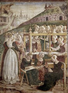 Alegoria marszu, detal triumfu Minerwy z tkaczką) detal - fresk Francesco del Cossa (ok. 1436-vers 1478) Ferrara (Ferrara) Palazzo Schifanoia, Salone dei Mesi autorstwa Francesco del Cossa
