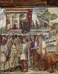 Alegoria miesiąca lipca, detal triumfu Jowisza, detal sceny ślubnej - fresk Francesco del Cossa (ok. 1436-vers 1478) Ferrara (Ferrara) Palazzo Schifanoia, Salone dei Mesi autorstwa Francesco del Cossa