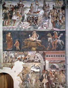 Kwiecień. U góry: Triumf Wenus (Afrodyty) z Trzema Gracjami i całującymi się parami. W środku: przedstawienie znaku zodiaku byka. Poniżej: Borso d