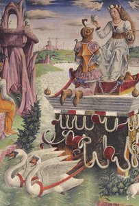 Triumf Wenus i Znak Byka, sceny z kwietnia, ściana wschodnia, Sala Miesięcy, Palazzo Schifanoia (Pałac Radości), Ferrara, Emilia-Romania, Włochy, ok.1470 (fresk) (detal z 763493) autorstwa Francesco del Cossa