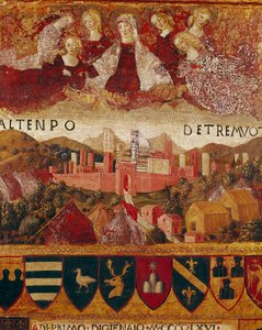 Ex voto (lub ex voto): „”Matka Boża chroniąca miasto Sienę w czasie trzęsień ziemi w latach 1466-1467”” Szczegół. Obraz na drewnie Francesco di Giorgio Martini (1439-1502) zdobiący Biccherna (okładka księgi rachunkowej miasta Si