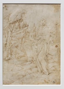 Młody mężczyzna w skalistym krajobrazie, ok. 1475-80 (pióro, czarny i brązowy tusz, ze śladami metalowej końcówki na pergaminie) autorstwa Francesco di Giorgio Martini