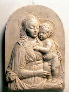 Dziewica z Dzieciątkiem. Marmurowy płaskorzeźba autorstwa Francesco di Simone da Fiesole Ferrucci