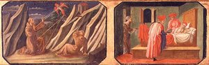 (Ltor) Stygmatyzacja św. Franciszka z Asyżu, Św. Kosma i Damian uzdrawiają chorego człowieka; kopie oryginalnych paneli stanowiących część Predelli do Madonny z Dzieciątkiem na tronie Filippo Lipp autorstwa Francesco di Stefano Pesellino