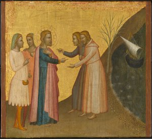 Akteusz i Eugeniusz błagają św. Jana Ewangelistę o przywrócenie ich bogactwa, ok. 1370-1380 (tempera i złoty płatek na desce)