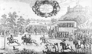 Ostatni wyścig konny prowadzony przed Karolem II Błogosławionej Pamięci przez Dorsett Ferry, w pobliżu zamku Windsor, 24 sierpnia 1684, 1687 autorstwa Francis Barlow