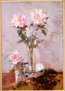 Różowe róże w szklanym wazonie autorstwa Francis Campbell Boileau Cadell