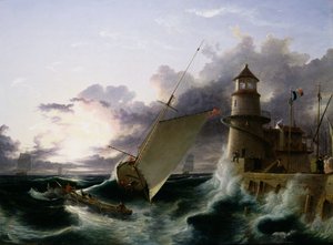 Łódka przy latarni morskiej, wybuchający szkwał (olej na płótnie) autorstwa Francis Danby