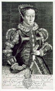 Portret Maryi I (1516-58) Trzymająca błaganie Thomasa Hongara, sztychowany przez artystę, wyd. Compton Holland (grawerunek)