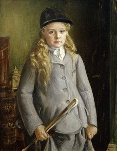 Portret dziewczyny, stojącej do połowy długości, w stroju jeździeckim