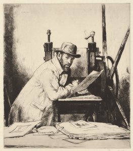 Portret Muirhead Bone opartego na prasie do akwaforty autorstwa Francis Dodd