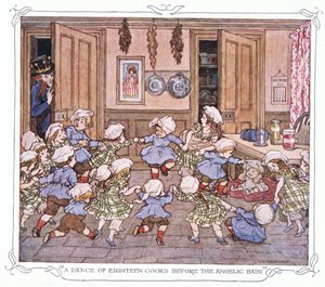 "Taniec osiemnastu kucharzy przed anielskim dzieckiem", z książki "The Magic Fishbone" wydanej przez Warne  Co, ok. 1940 r. (kolorowa litografia) autorstwa Francis Donkin Bedford