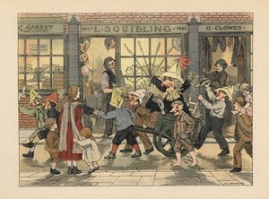 Sklep z fajerwerkami - wiktoriańskie dzieci ciągnące Guya na wózku w noc Guya Fawkesa przed sklepem z fajerwerkami L. Squiblinga. Chromolitografia według ilustracji Francisa Donkina Bedforda z "The Book of Shops" Edwarda Verralla Lucasa. autorstwa Francis Donkin Bedford
