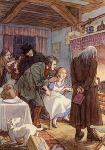 Ilustracja do Świerszcza na ognisku autorstwa Charlesa Dickensa (kolorowa litografia)