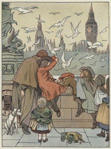 Londyn: Karmienie mew (kolorowa litografia)