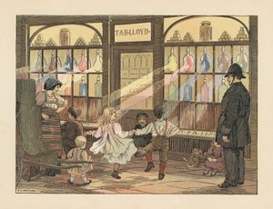 Wiktoriańskie dzieci tańczące przed apteką, obserwowane przez policjanta. Chromolitografia na podstawie ilustracji Francisa Donkina Bedforda z "The Book of Shops" Edwarda Verralla Lucasa. autorstwa Francis Donkin Bedford