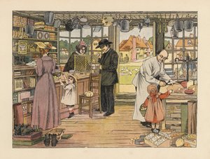 Wiktoriańscy klienci kupujący szynkę, książki i przekazy pocztowe w wiejskim sklepie. Chromolitografia na podstawie ilustracji Francisa Donkina Bedforda z "The Book of Shops" Edwarda Verralla Lucasa.