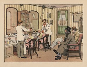 Wiktoriańscy panowie myjący włosy szamponem i poddawani zabiegom fryzjerskim w zakładzie fryzjerskim. Chromolitografia na podstawie ilustracji Francisa Donkina Bedforda z "The Book of Shops" Edwarda Verralla Lucasa. autorstwa Francis Donkin Bedford