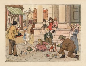 Wiktoriańscy handlarze sprzedający dzieciom zabawki za grosze na londyńskiej ulicy. Chromolitografia na podstawie ilustracji Francisa Donkina Bedforda z "The Book of Shops" Edwarda Verralla Lucasa.