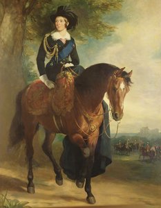 Portret królowej Wiktorii na koniu z zamkiem Windsor, księciem Wellington i Brygadą Gospodarstwa Domowego w tle