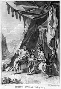 Brutus i Kasjusz w namiocie Brutusa, akt IV Scena III z „Juliusza Cezara” Williama Szekspira (1564-1616) sztychowane przez Huberta Gravelota (1699-1773) (rycina) (fot. bw)
