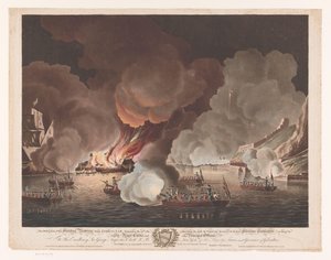 Zniszczenie statków u wybrzeży Gibraltaru, 14 września 1782 r. Zniszczenie pływających baterii przed Gibraltarem, 14 września 1782 (...) (tytuł na obiekcie)